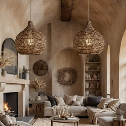 Natural woven seagrass bell pendant light creating a warm and inviting atmosphere in the living room