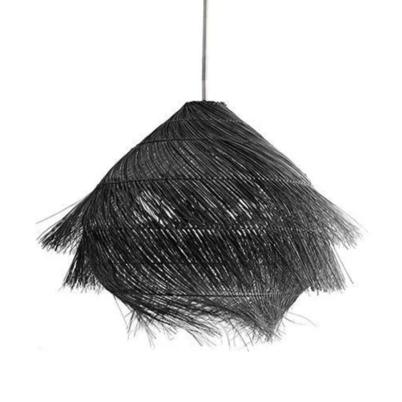 Eco-friendly palm fiber hanging ceiling fixture with thick layers of dried grass creating a beautiful organic dome.