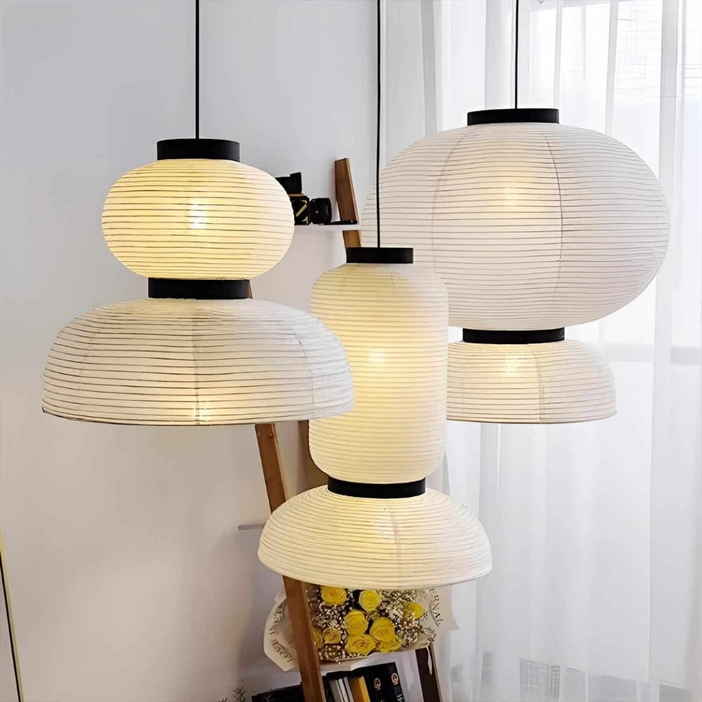 Set of zen inspired paper globe pendant lights with sculptural shapes