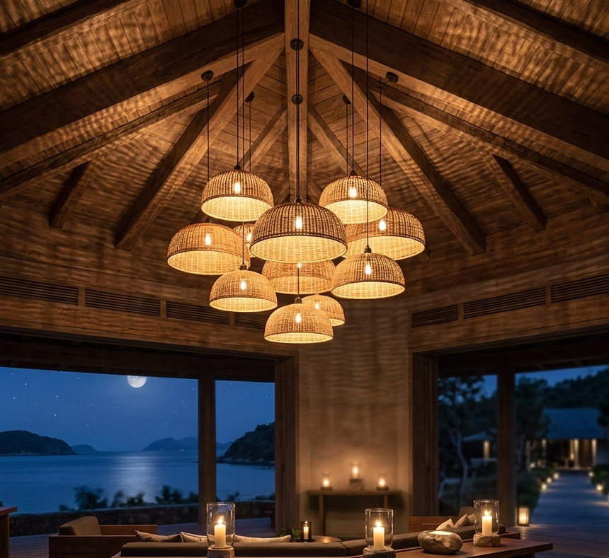 Zen inspired rattan resort ceiling light for peaceful bungalow decor