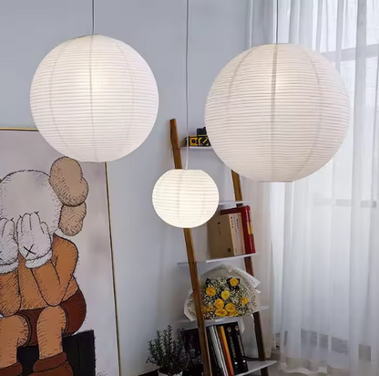 Zen inspired white paper sphere pendant, soft ambient glow