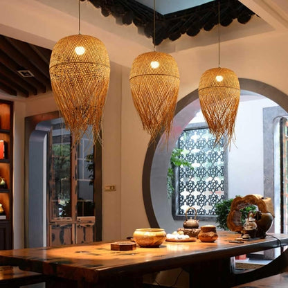 Zen minimalist bamboo fringe pendant lamp for relaxing resort spa areas