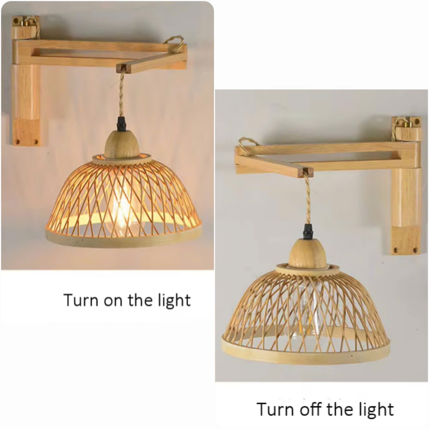 Two side-by-side product photos of a wall-mounted light fixture with a natural wood bracket and a woven dome shade. The left photo shows the light turned on, and the right photo shows it turned off, with text labels 'Turn on the light' and 'Turn off the light' below each image.