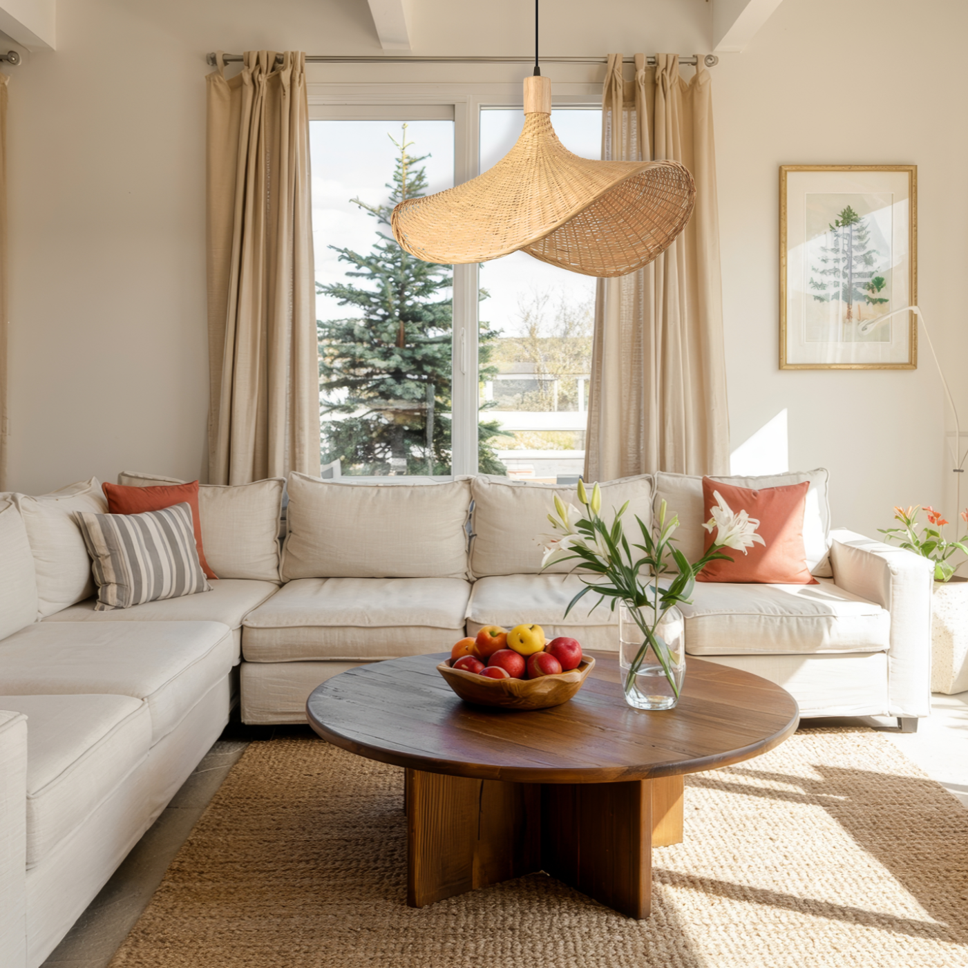Minimalist wicker sun hat pendant light suspended by a clean black cord, bringing a calm and focused Zen vibe to a home office or reading room.