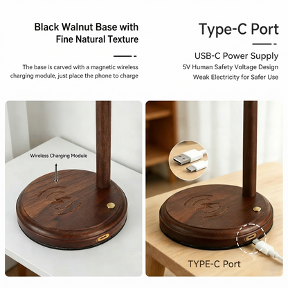 A product infographic showing a dark walnut wood wireless charging stand with a Type-C port. The left panel shows the magnetic wireless charging module on the round base, and the right panel shows a USB-C cable plugged into the port, with text labels and feature callouts.