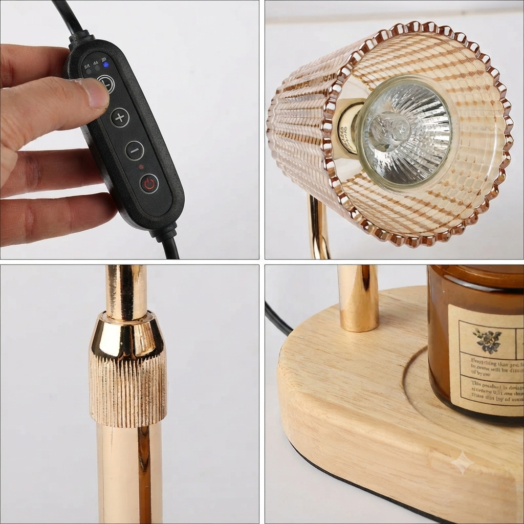 Four-panel close-up collage of a table lamp: a hand holding a black remote control, the lampshade with a clear bulb and metallic trim, a close-up of the metallic stem, and the round wooden base with a brown glass jar placed on it.