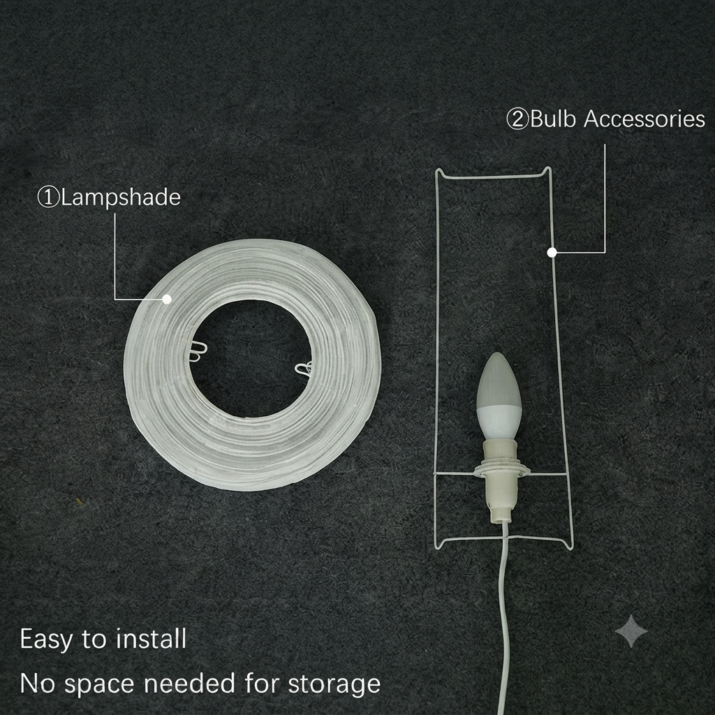 A coiled white lampshade on a dark textured background next to a bulb accessory holder with a white bulb, with text labels pointing to the lampshade and bulb accessories.