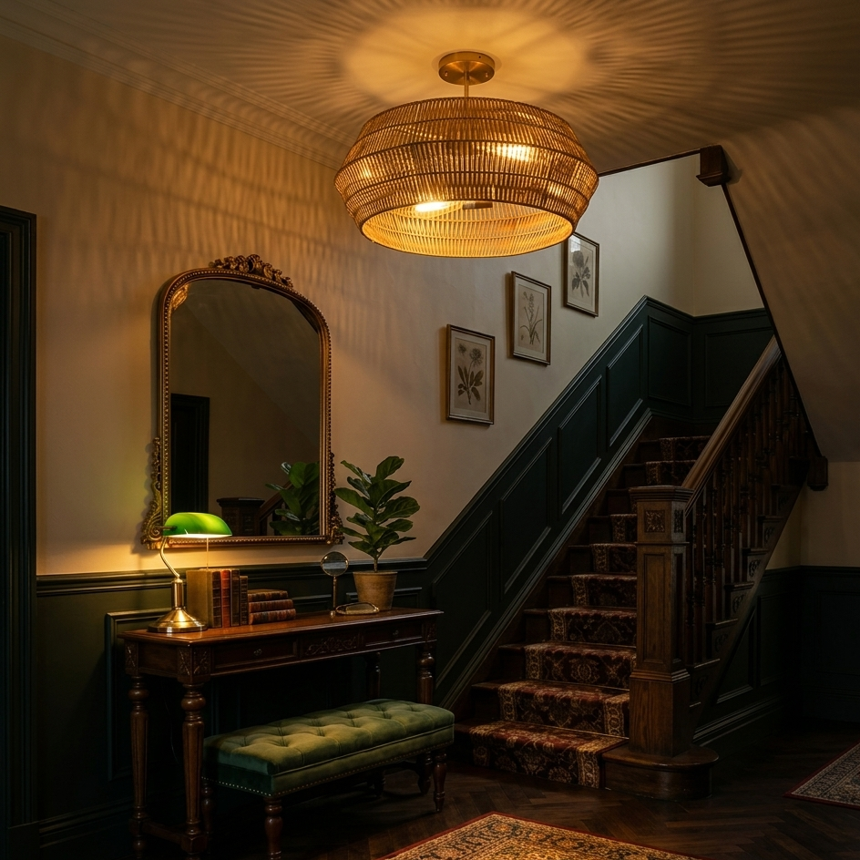 Sophisticated hand-woven jute light enhancing the warmth and comfort of a modern for Staircase and Entryway.