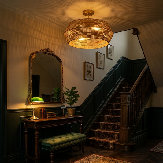 Sophisticated hand-woven jute light enhancing the warmth and comfort of a modern for Staircase and Entryway.