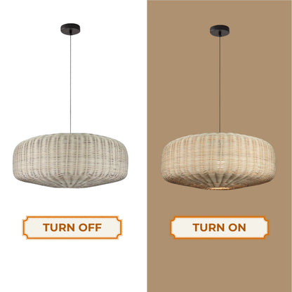 Handcrafted rattan lamp shades creating a cozy, inviting atmosphere in a dark wood living room corner.