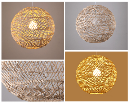 An artisan-woven rattan pendant cluster creating a focal point in a high-ceiling room.