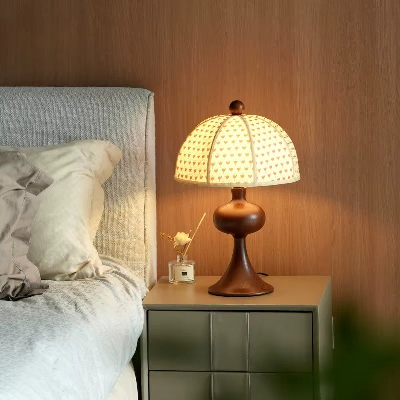 : Bedside Nightstand Wood and Patterned Fabric Lamp providing Soft Diffused Bedroom Light