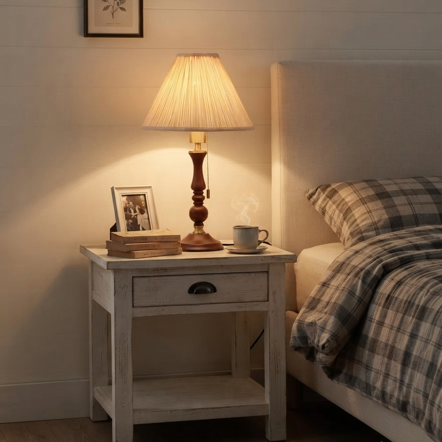 Rustic style wooden bedside table lamp delivering soft, relaxing ambient lighting for master bedroom nightstands.