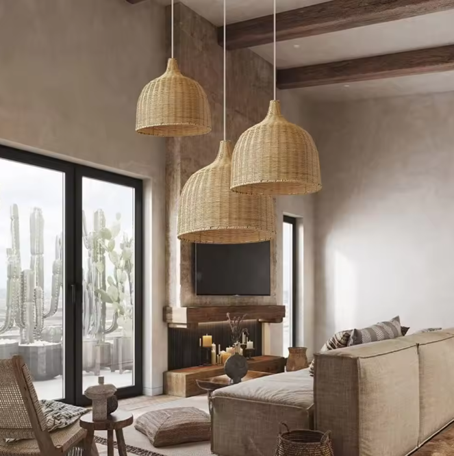 Bohemian interior rattan lamp designed for relaxed and natural home styling