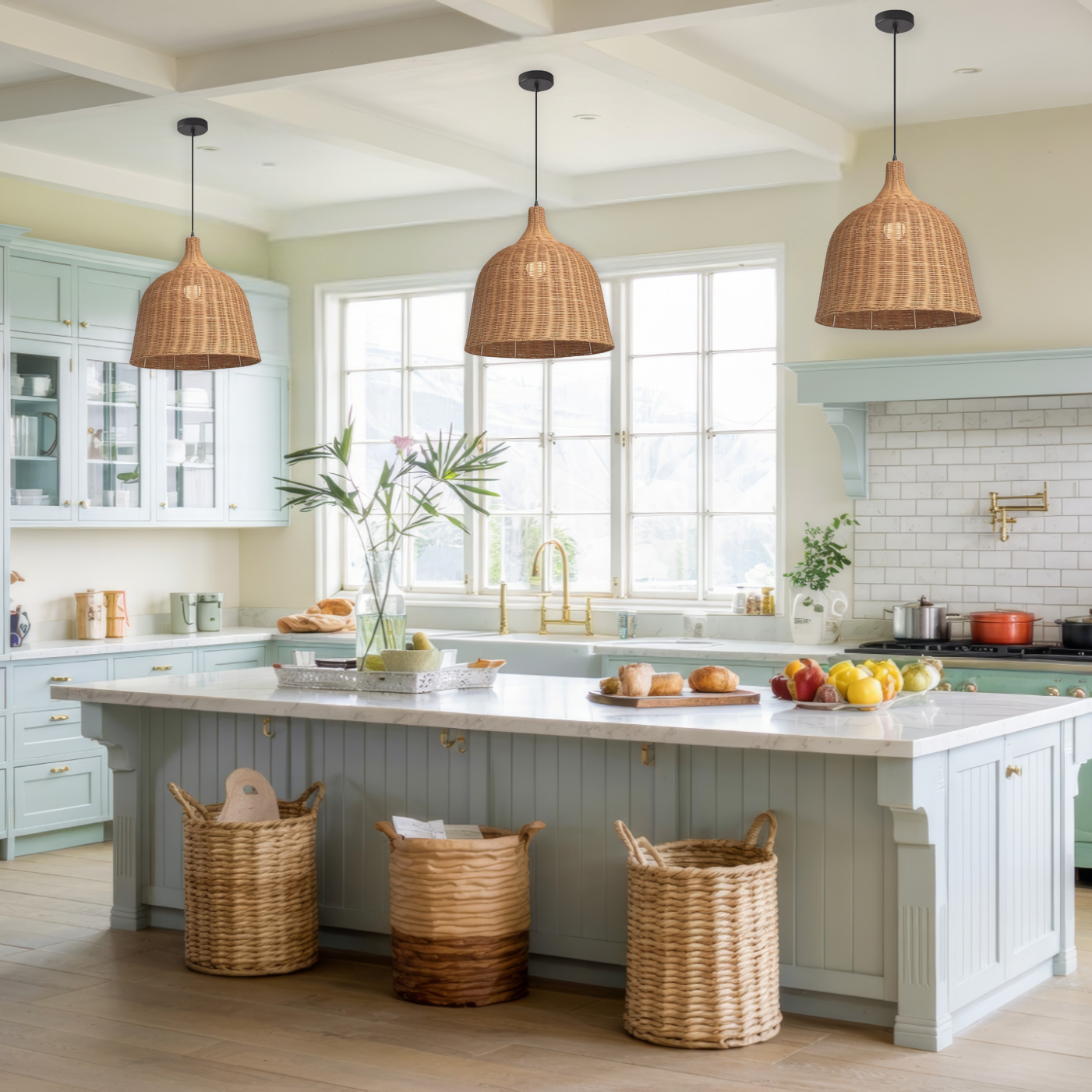 Beautiful rattan light fixture hanging above a modern boho-style kitchen island