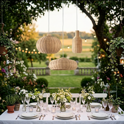 A set of natural rattan hanging lamps creating a boho aesthetic in a dining room.