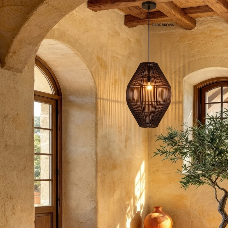 Elegant woven rattan pendant light hanging in a boho-style living room with natural wooden decor, creating a cozy and warm atmosphere.