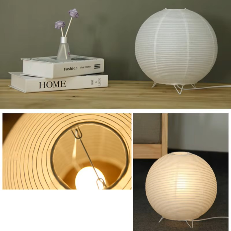 A collage showing a spherical paper lantern-style table lamp in white and warm glowing cream tones, photographed on a tabletop and on the floor. One inset shows the interior with a visible bulb and ribbed paper structure, and another shows the lamp lit in a room setting.
