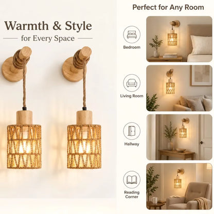 A wall-mounted pendant light with a natural woven rattan shade and light wood wall mounts, shown in a warm white setting alongside smaller room-use examples for bedroom, living room, hallway, and reading corner.