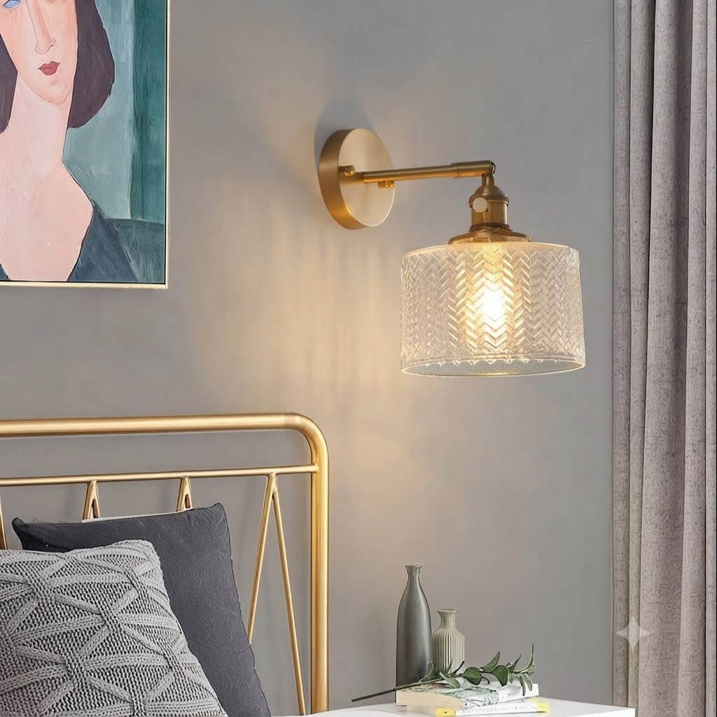 Luxury Solid Copper & Chevron Glass Wall Sconce | Vintage Patterned Wall Light