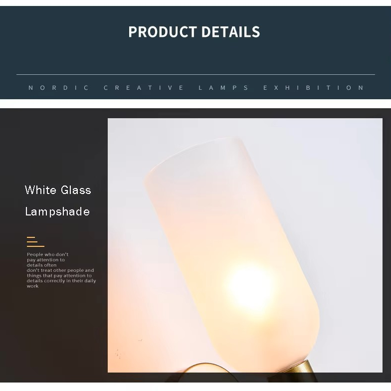 Product details graphic for a white glass lampshade, showing a glowing frosted white cylindrical shade with a warm light, under the heading 'White Glass Lampshade' with a 'Nordic Creative Lamps Exhibition' banner at the top.