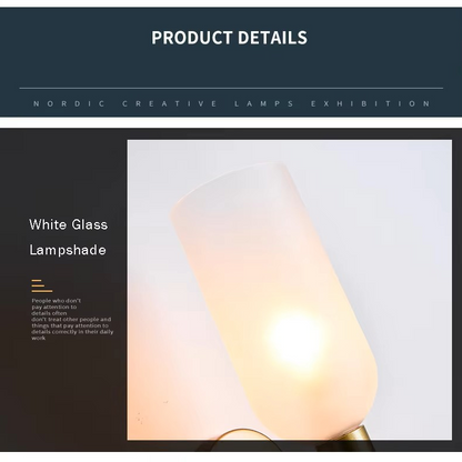 Product details graphic for a white glass lampshade, showing a glowing frosted white cylindrical shade with a warm light, under the heading 'White Glass Lampshade' with a 'Nordic Creative Lamps Exhibition' banner at the top.