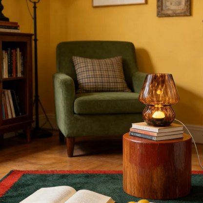 Handcrafted coffee dotted glass mushroom table lamp featuring rich tortoiseshell hues, welcoming guests with vintage charm on foyer consoles.