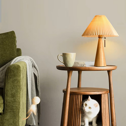 Cozy Corner Wooden Cone and Pleated Table Lamp casting Warm Light in Accent Spaces
