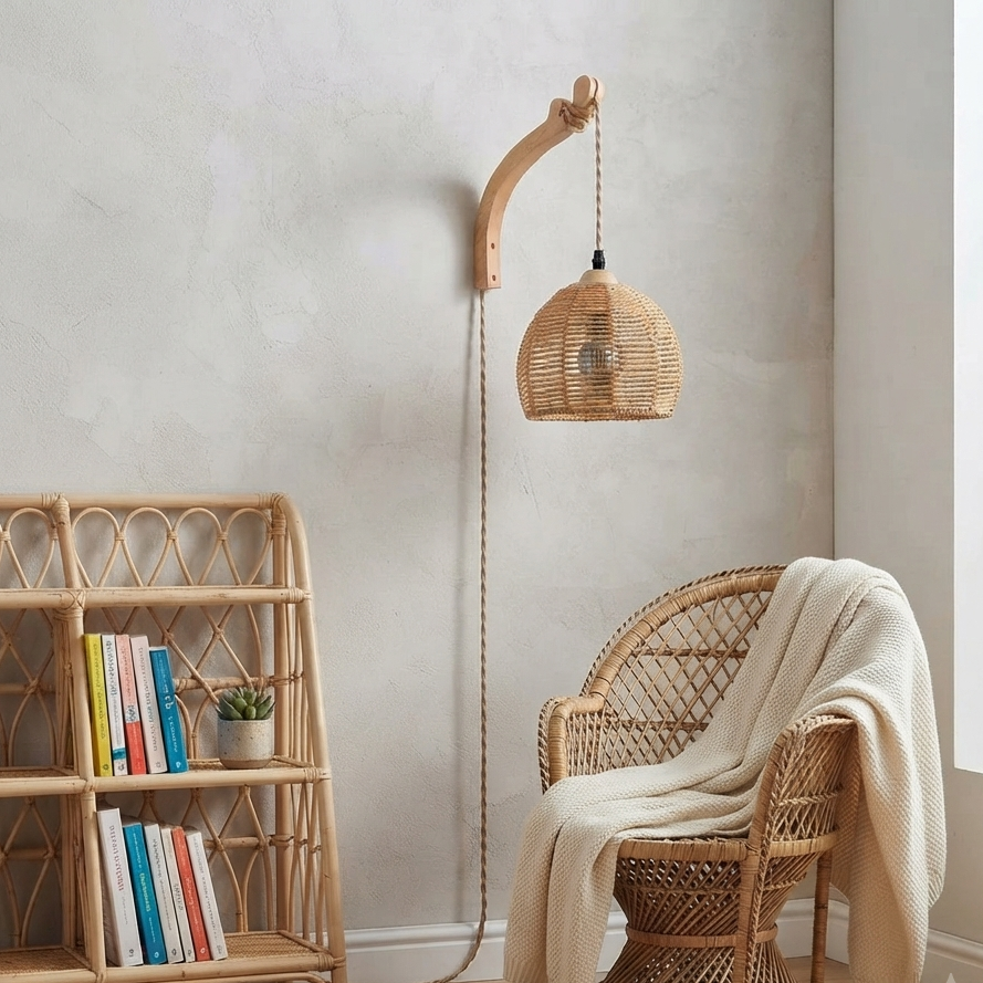 A cozy room corner featuring a natural woven rattan armchair with a cream knit throw blanket, a matching woven bookshelf with books, and a wall-mounted woven pendant light with a wooden curved arm.
