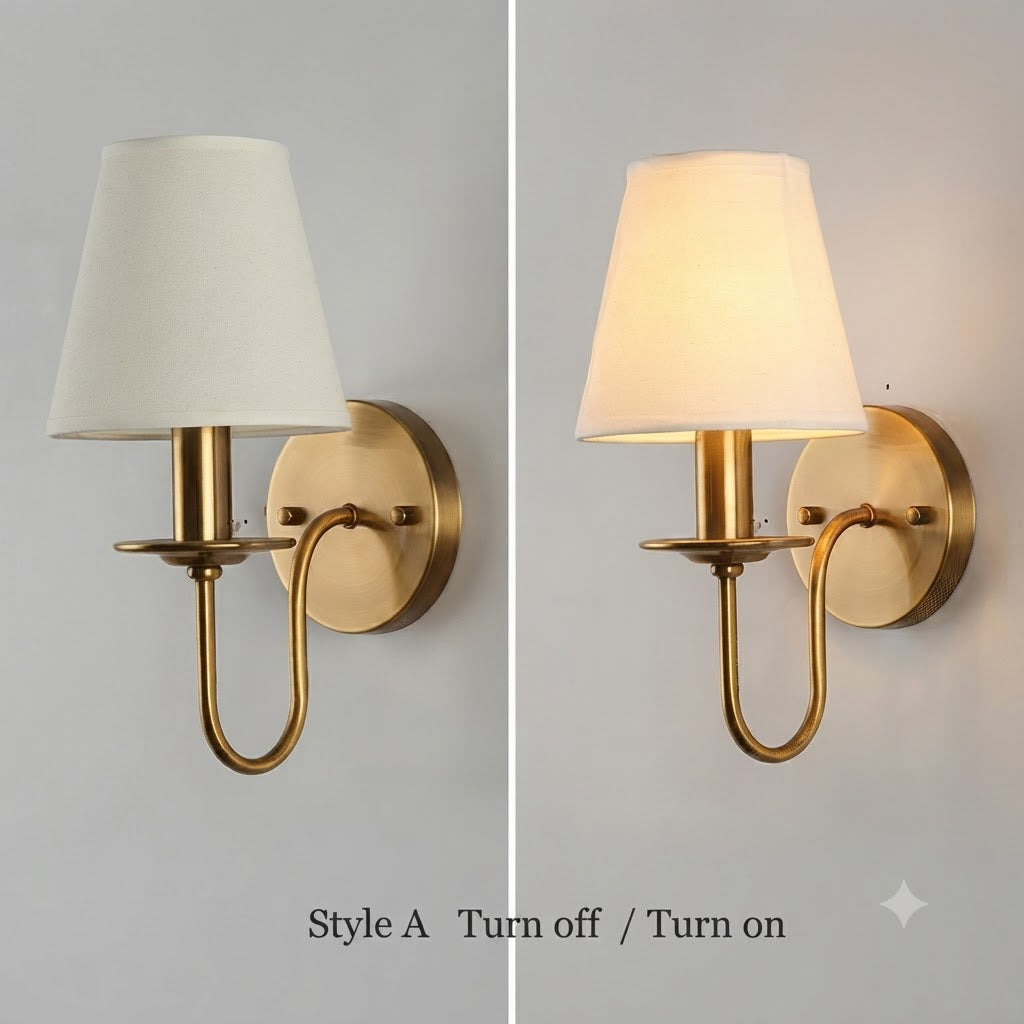 Quiet luxury lighting style iron and cloth wall drop light providing graceful guiding illumination along stairs.