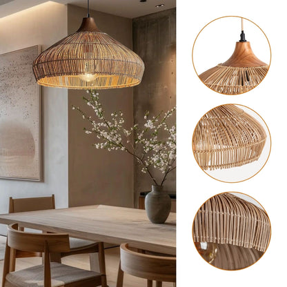 Eco-friendly handcrafted rattan lamp combining sustainable materials and wood.