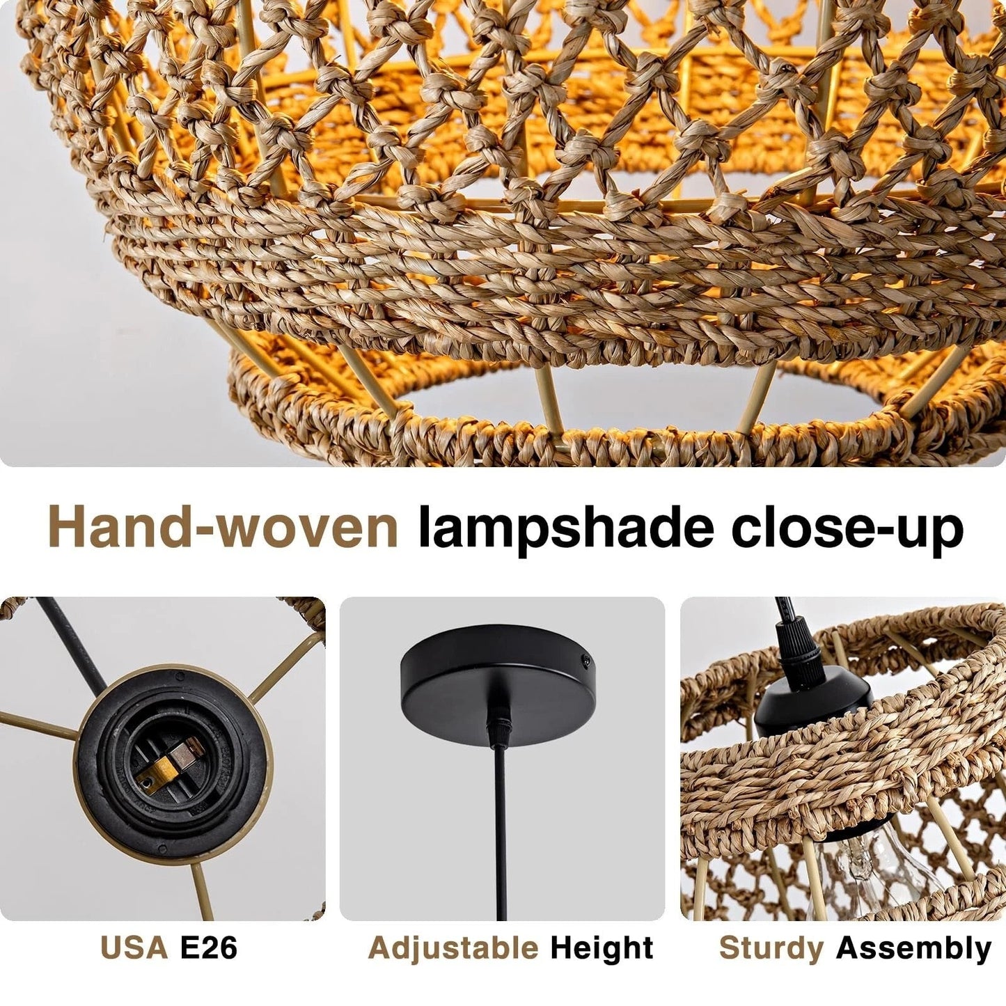 Modern boho style jute sphere hanging lamp perfect for creating a cozy, earthy atmosphere