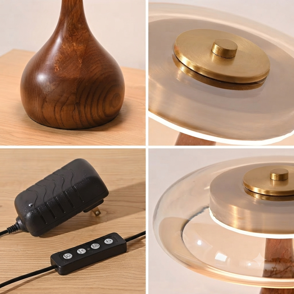Four-panel collage showing a table lamp: a close-up of a dark brown wooden base, a close-up of a round brushed brass shade knob, a power adapter and remote control on a wood surface, and a close-up of the lamp shade and brass hardware.