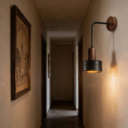 Entryway light wood and stone fixture creating a warm, organic, and welcoming first impression for guests.