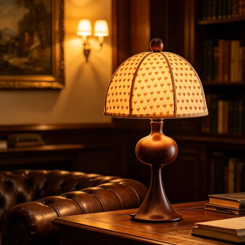 Executive Desk Wood and Patterned Fabric Table Lamp adding Sophisticated Literary Charm to Home Offices
