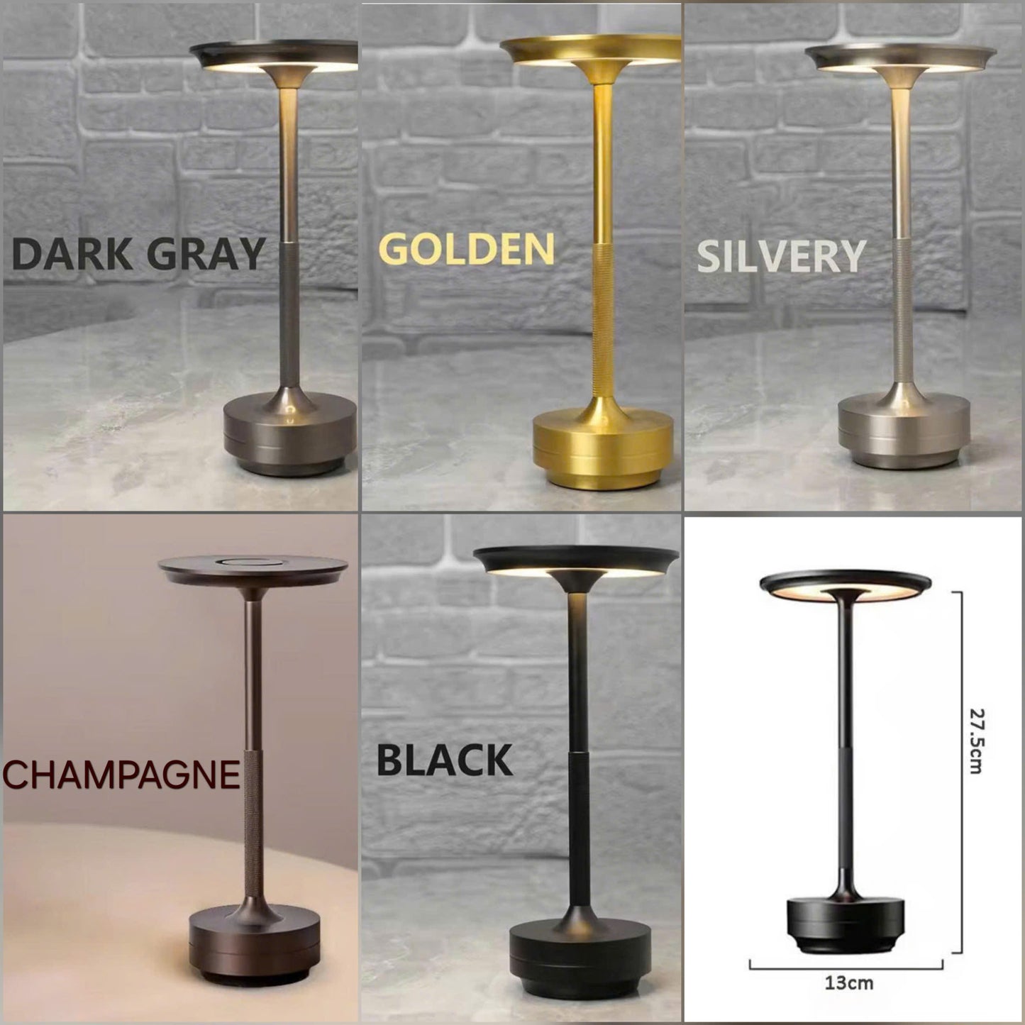 Six-panel product collage showing a modern table lamp in multiple finish/color options: dark gray, gold, silver, champagne, black, and a black dimension view with 27.5 cm height and 15 cm width.