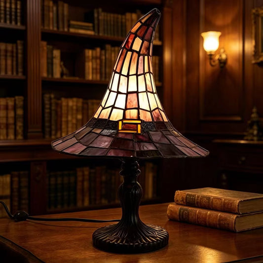 Gothic Vintage Resin Witch Hat Table Lamp with Stained Glass Aesthetic and Ambient Glow