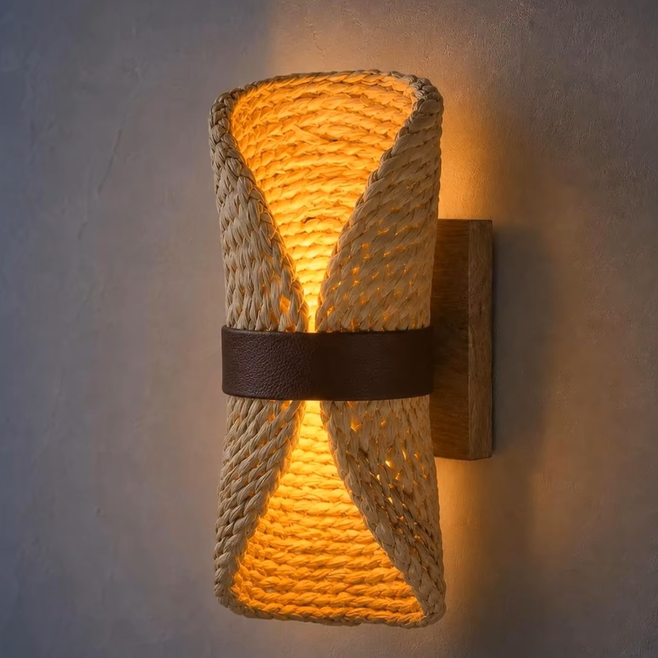 A modern wall sconce light fixture with a textured woven rope shade, a dark brown faux-leather band, and a wooden backplate, glowing with a warm yellow light against a textured gray wall.