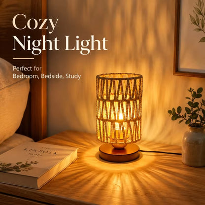 Hand-Woven Hemp Rope and Wooden Base Table Lamp with Natural Jute Texture and Warm Glow