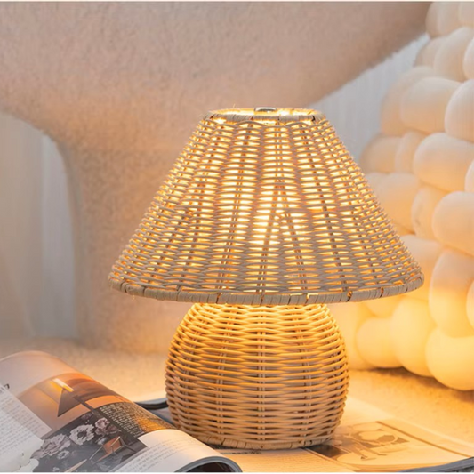 Hand-Woven Rattan Globe Base Table Lamp with Conical Wicker Shade and Natural Texture