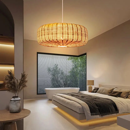 Handcrafted rattan lamp shades creating a cozy, inviting glow in a dark wood kitchen.