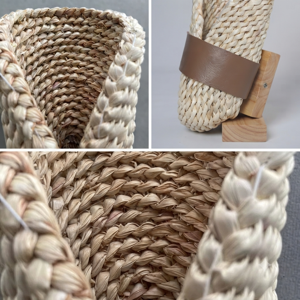 A woven straw basket shown in a three-panel collage: close-up of the basket interior, a side view with a brown leather wrap and wooden support, and a detailed view of the braided texture.