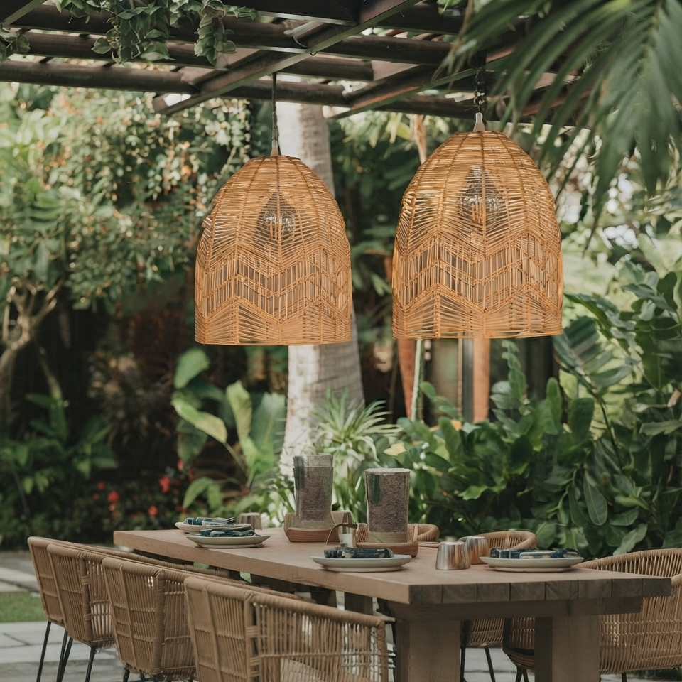 Handwoven rattan pendant light with natural wood texture for boho-style interior decor"
