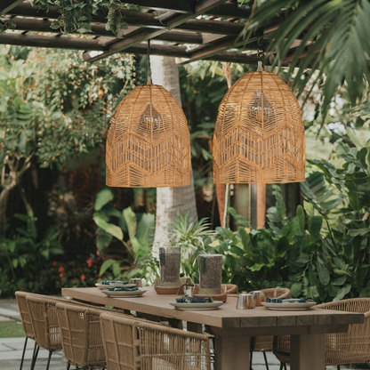 Handwoven rattan pendant light with natural wood texture for boho-style interior decor"