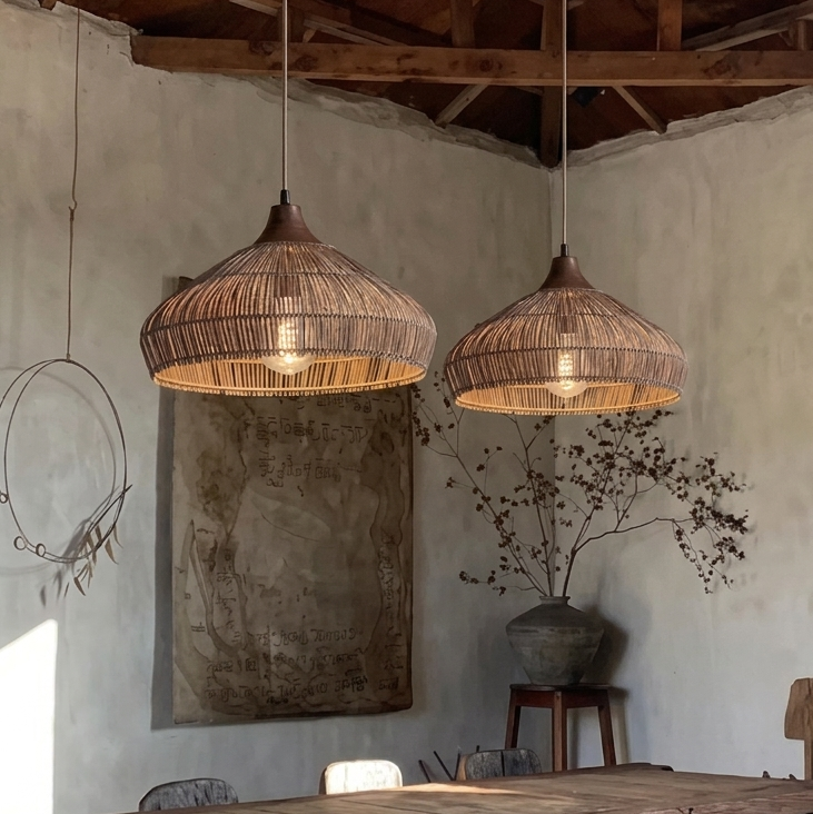 A rustic handwoven rattan pendant light featuring a decorative wooden top mount.