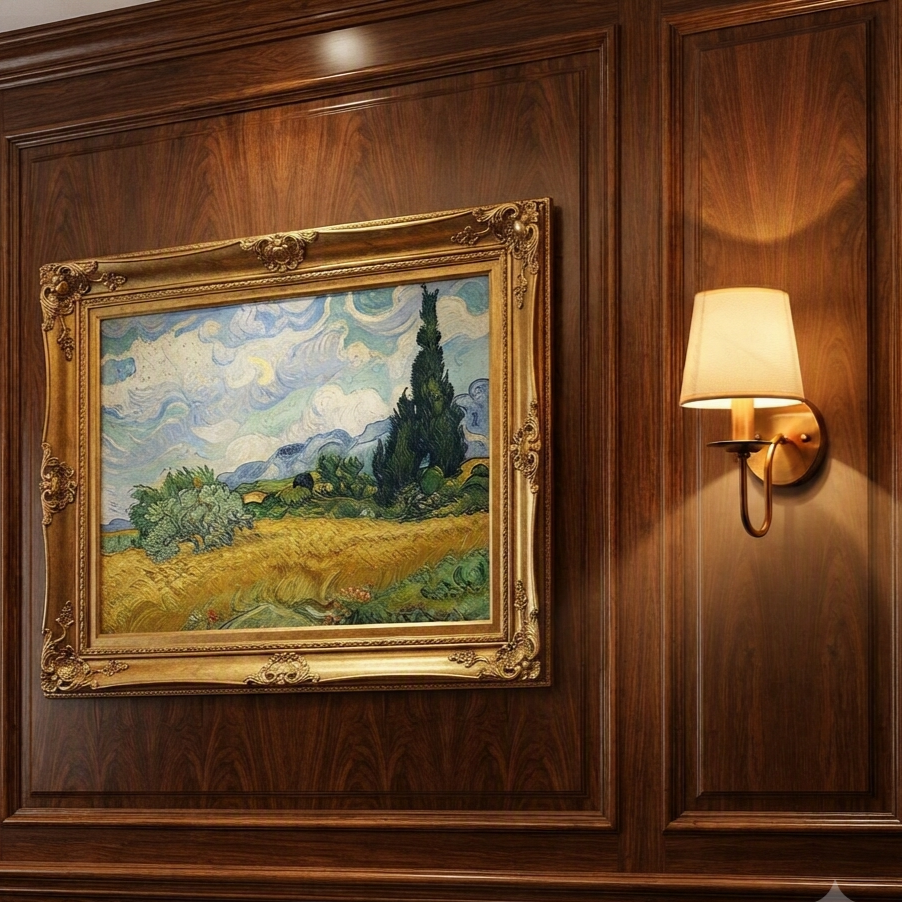 A framed landscape oil painting with a swirling sky and golden field, displayed on a dark wood paneled wall next to a lit wall sconce.