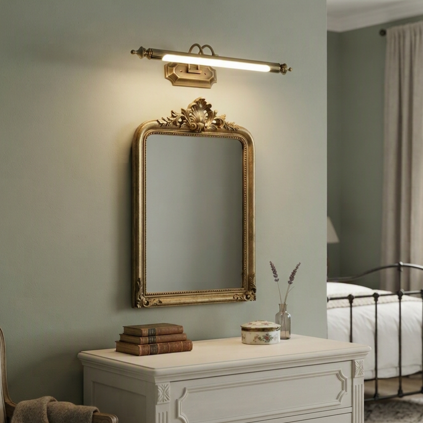 Ornate copper wall-mounted task light designed to enhance clarity and style above high-end bedroom mirrors