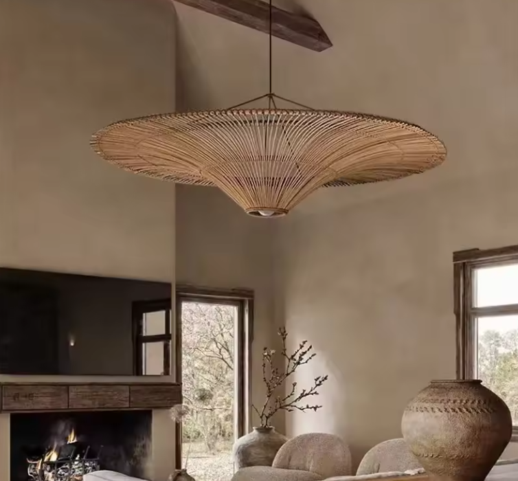 Japandi design bamboo ceiling fixture styled with neutral earth tones and wooden elements.