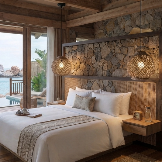 A professional interior photograph of a luxurious, rustic-modern bedroom villa overlooking a tropical bay