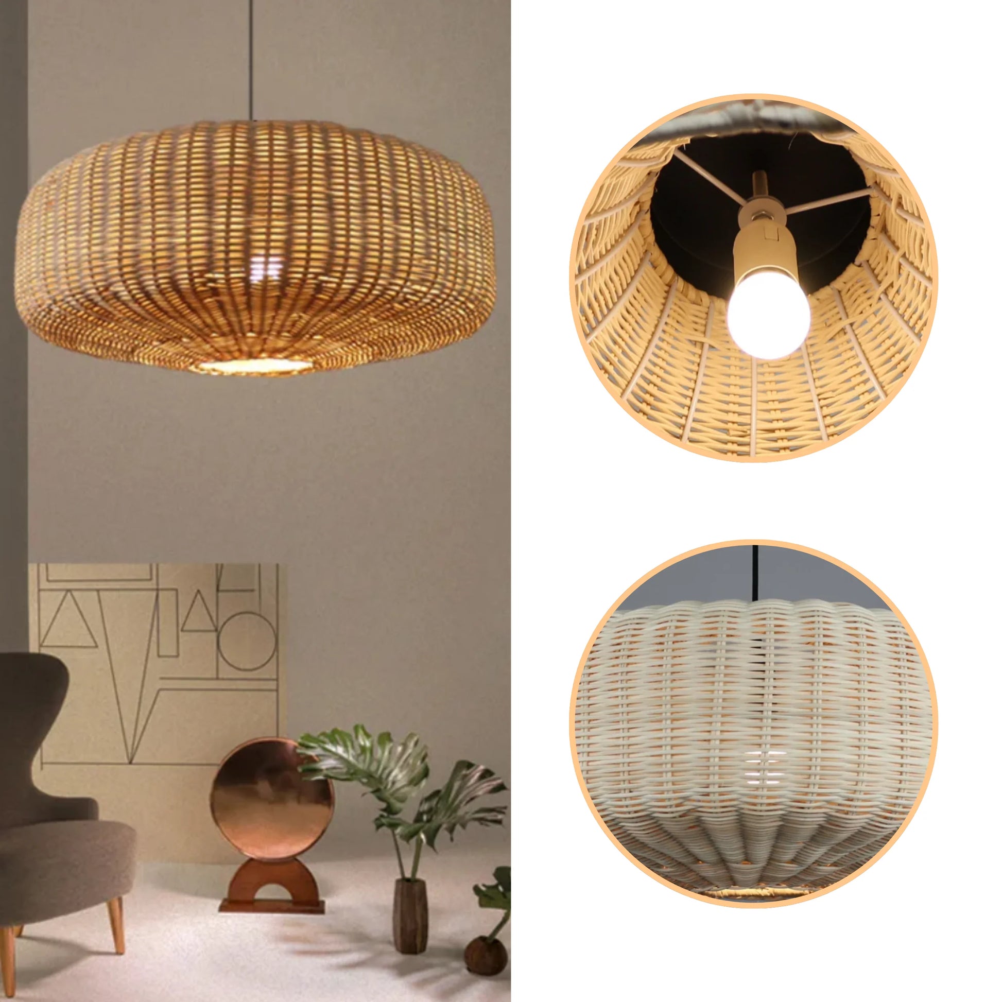 Minimalist yet rustic living room inspiration with natural materials, brass stools, and warm woven lights.